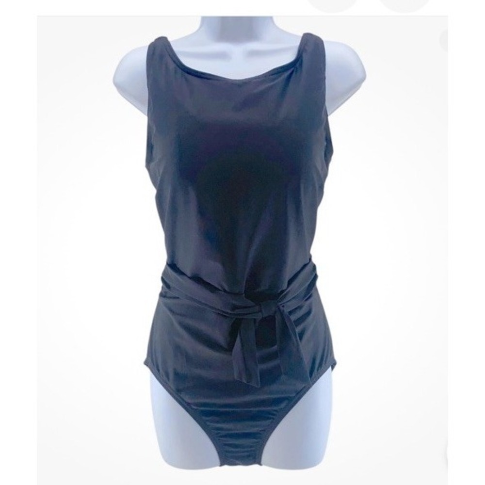 Lands End W Tank Swimsuit Size 4 Black One Piece Belt Built In Bra Bathing Suit